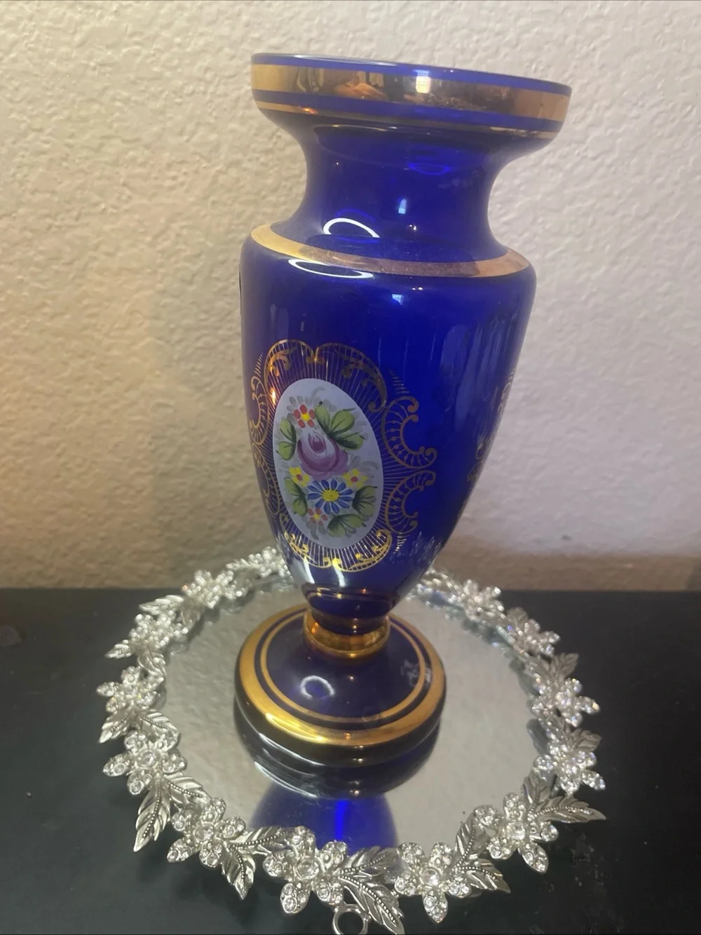 Gorgeous Bohemian Czech Republic Gilted Cobalt Blue Glass 8” Royal Vase